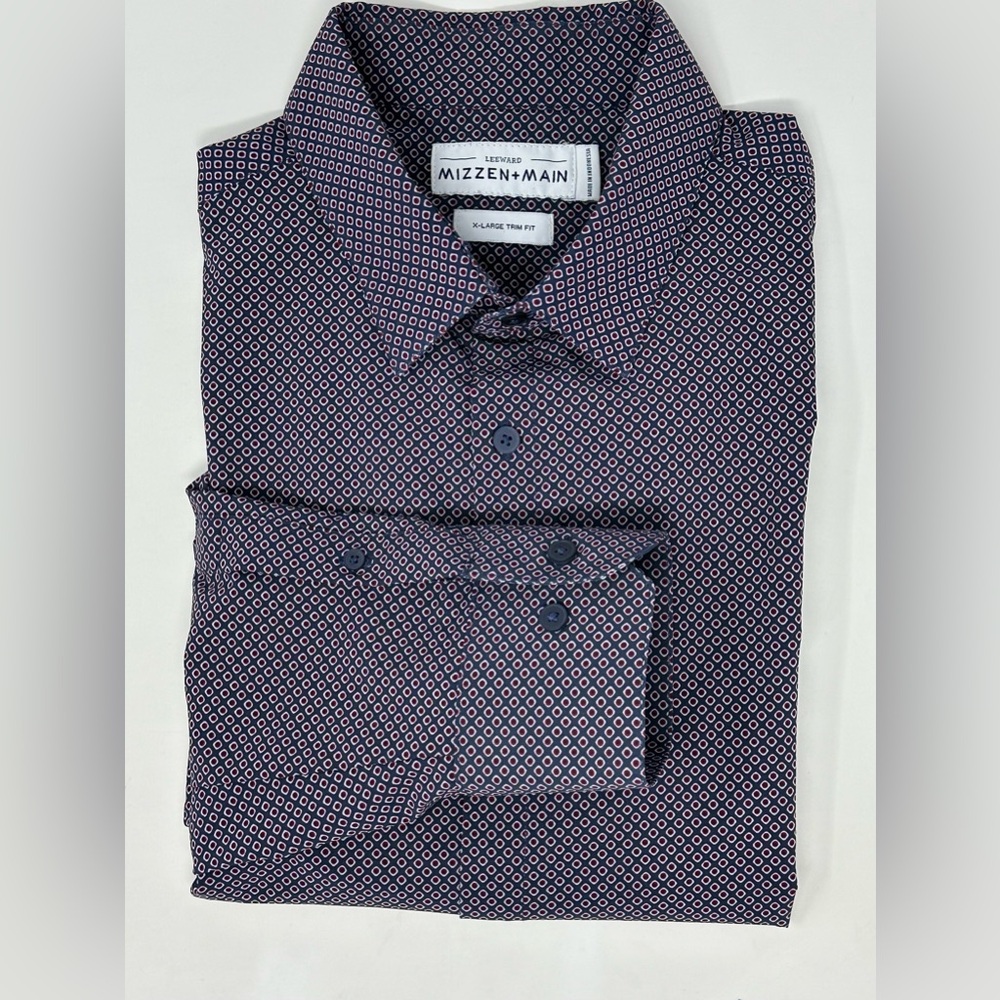 Mizzen + Main Shirt Mens XL Blue Burgundy Dot Button Up Long Sleeve Performance